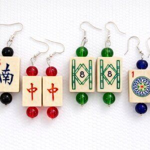 Handmade Vintage Bone and Bamboo Mah-Jongg Dangle Earrings